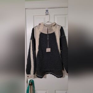 POL Black Quilted Jacket with Cream Lace Accents - L